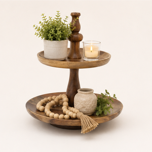 Handcrafted 2 Tier Wooden Cake Stand Eco-Friendly <b>Round</b> Solid Wood Tiered <b>Serving</b> <b>Tray</b> for Wedding Parties Birthdays - Product Image 3