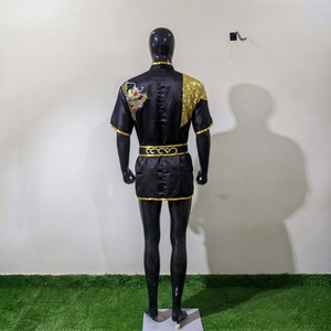 Men's Black Gold Sequin Kung Fu Uniform with <b>Dragon</b> Embroidery Fitted Stretch Shirt and Shorts for Adults - Product Image 2