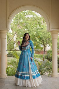 Traditional Indian Pakistani <b>Women's</b> Floor-Length Embroidered Blue <b>Jacket</b> Loose Fit Quick Dry All Season <b>Wedding</b> Lehenga Set - Product Image 3