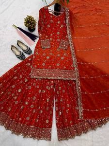 Conjunto de Top, Sharara y Dupatta de Seda Naranja Indio y Pakistaní con Bordado y Lentejuelas, Completamente Cosido, Listo para Usar, Ideal para Fiestas de Diwali - Product Image 2