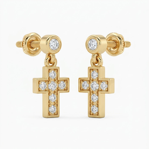 Pendientes colgantes de cruz de oro de 14 quilates con diamantes, rosca interna para cartílago de la oreja - Product Image 1