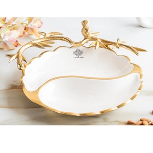 Indian Art Villa Luxury White Serving Dish with Gold Bird Branch Handle Irregular Decorative Bowl Classic Round Food Serving - Product Image 1