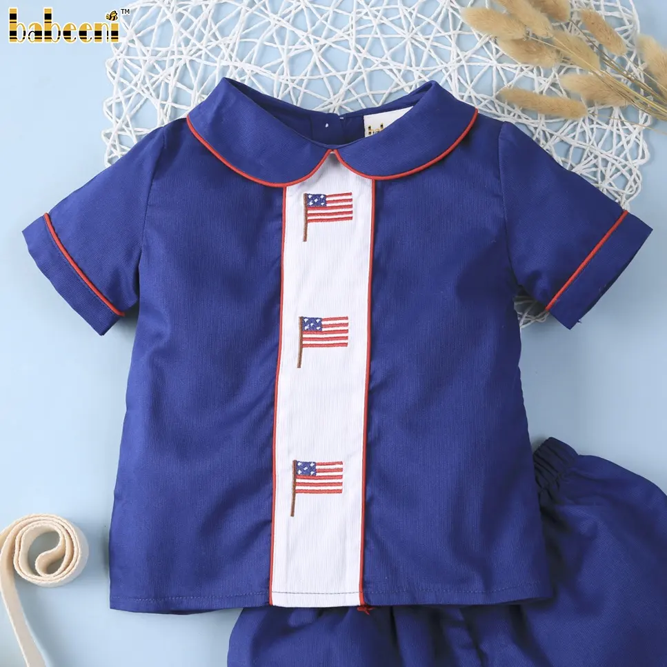 American flag hand embroidered boy outfit ODM OEM wholesale smocked children clothing set high quality - BB1408