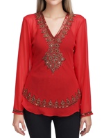 Blouse Femme Personnalisable à Manches Longues en Georgette Brodée à la Main de Paillettes et Perles, Col en V, Style Hip-Hop, Glamour et Luxe, Très Demandée
