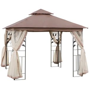 "2 Tier Patio Gazebo <b>Canopy</b> 10FT X 10FT Steel Frame Brown with Polyester <b>Roof</b> Netting & Curtain Sidewalls for Villa & Courtyard" - Product Image 1