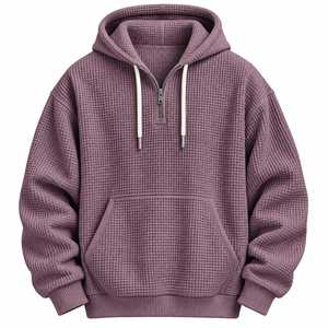 Sudadera con capucha de punto gofrado con cremallera de un cuarto, ecológica, transpirable, verde oliva, con bolsillo canguro - Product Image 5