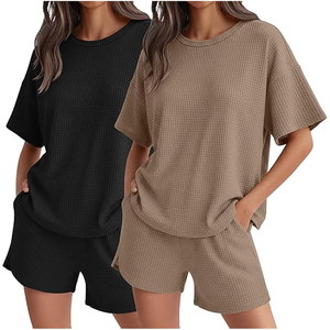 <b>Women</b> <b>2</b> <b>Piece</b> Knitted Shorts Set O-Neck Short Sleeve Loose Fit Solid Color Casual Spring Summer <b>Outfit</b> - Product Image 1
