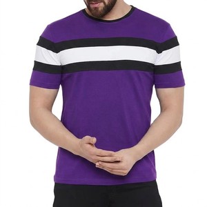 T-shirt décontracté pour homme en coton mélangé tricoté, à col rond, manches courtes, rayures color block violettes, coupe classique, pour tous les jours - Product Image 5
