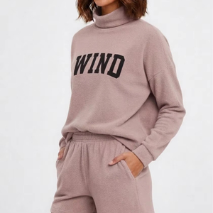 Women's Mockneck Knee Shorts Set Solid Polyester Cotton Fleece Streetwear Style Eco Friendly Waterproof Quick Dry Breathable - Product Image 1