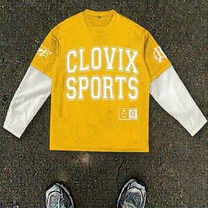 T-shirt à manches longues pour homme Clovix Sports, jaune et blanc, bordure contrastée, col rond, jersey décontracté en coton, coupe classique - Product Image 1