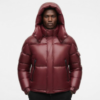 Blouson matelassé court pour homme avec logo personnalisé, marron brillant, surdimensionné, à capuche, rembourré, manches courtes, poches, OEM