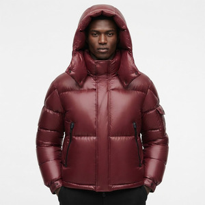 Custom Logo Men's Cropped Puffer Jacket men Maroon Glossy Oversized Hooded <b>Quilted</b> Padded Short Winter Sleeve Pocket OEM - Product Image 3