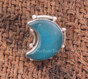 Anillo de Media Luna de Calcedonia Azul Vintage, Plata de Ley 925, Joyería con Piedra Preciosa de Luna Creciente, Anillo Retro Boho con Banda Punteada para Mujer - Product Image 1