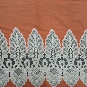 Tissu brodé en coton orange de haute qualité avec bordure ajourée blanche, broderie lourde effet dentelle festonnée, matière tissée pour robe - Product Image 1