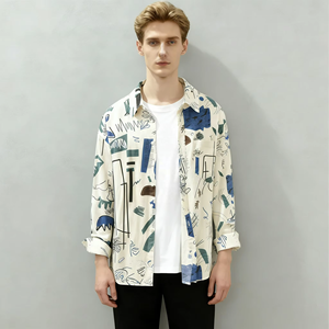 Nouvelle Chemise Hawaïenne Homme 2026 à Imprimé Abstrait, Manches Longues, Coupe Ample en Coton pour Printemps Automne, Personnalisation OEM/ODM du Logo - Product Image 1