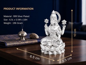 Ídolo de Laxmi Ji de Latón 100% Bañado en Plata 999, 6.5x5.5x10cm, 196g, Decoración Religiosa Moderna para el Hogar, Regalo para Puja de Diwali - Product Image 2