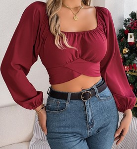 Hauts décontractés coréens pour femmes, en tricot, à col carré, manches longues lanternes, taille lacée, coupe midi, qui flatterent la silhouette - Product Image 5