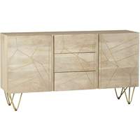 Buffet moderne en bois clair avec incrustations, console de rangement à 3 tiroirs et pieds métalliques