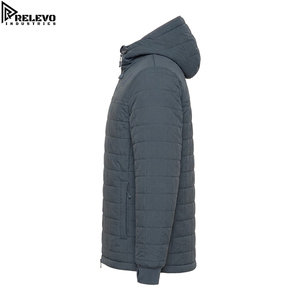 Men Navy Blue Technical <b>Winter</b> Jacket, Modern Outdoor Hooded <b>Coat</b> with Geometric Textured Panels and <b>Waterproof</b> Zipper Pocket - Product Image 3
