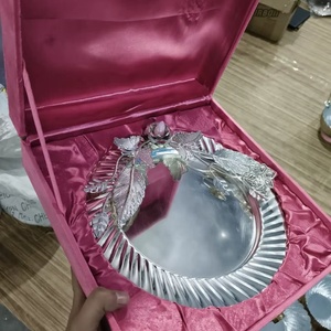 <b>Silver</b>-Plated Decorative Pooja Thali with Intricate Floral Engravings and Rose Quartz Accent <b>Mirror</b> Finish Plate for Wedding - Product Image 1