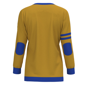 เสื้อคาร์ดิแกนผู้หญิงสีทองน้ำเงิน คอวี ปักลายตัวอักษรกรีกและโลโก้ตราสัญลักษณ์ แขนยาว ถักนิตติ้ง สไตล์พรีปปี้ ติดกระดุมด้านหน้า - Product Image 3