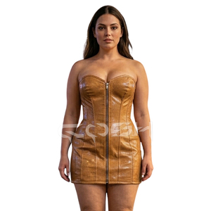 ขายส่งชุดมินิเดรสคอร์เซ็ท PVC สีทองมีซิปด้านหน้าไม่มีสายหนังบอดี้คอนปาร์ตี้แวร์คลับแวร์ชุดแฟชั่นสตรี - Product Image 3