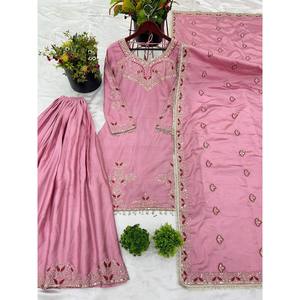 <b>Top</b>-Plazzo and Dupatta Set with Heavy Embroidery Work Straight Silhouette and Natural Waistline for Party Wear - Product Image 1