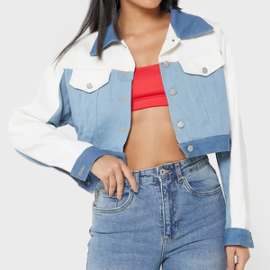 Veste en jean courte décontractée pour femme, col rabattu, fermeture en coton, manches longues, style printemps - Product Image 1