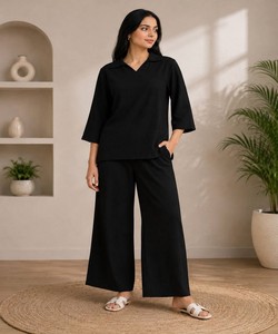 Kurta Negra de Algodón para Mujer con Palazzo, Corte Holgado, Estilo Informal, Estilo India-Pakistán, Sin Arrugas, 85212 FVD- KitkatTop-Plazoo - Product Image 1