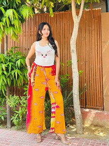 Bohemian Patchwork Wide Leg Pants Women High Waist Regular Fit Full Length Cotton Bamboo Fiber Elastic Waist Summer Eco-Friendly - Product Image 3
