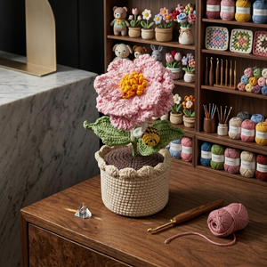 Wholesale Handcrafted Crochet Pink Flower Amigurumi Pot With Knitted <b>Yarn</b> Blossom And Cute <b>Bee</b> For Home Desk Decoration Gift - Product Image 1