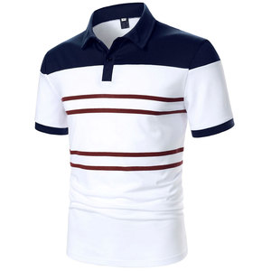 Polo rayé pour homme à manches courtes, coupe classique, décontracté, tricoté, blanc, marine, rouge - Product Image 1