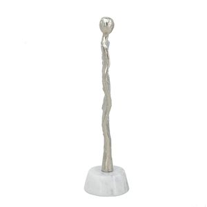 Scultura Astratta in Alluminio a Forma di Figura Umana, Argento/Bianco, 3.5x3x12 Pollici, con Base in Marmo - Product Image 3