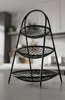 Panier de rangement à fruits en fil métallique noir à trois niveaux avec poignée arquée, organisateur de comptoir à 3 couches en forme de bol ouvert