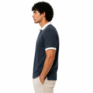 Customized Plain Men's <b>Navy</b> Blue Short Sleeve Polo Shirt Solid Color Knitted Cotton Casual Breathable Design - Product Image 3