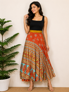 Handmade Reversible Recycled <b>Silk</b> Wrap <b>Skirt</b> with Floral Pattern and Belt Vintage Indian Saree Boho Maxi Dress - Product Image 1