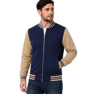 Unisex Navy Blue Varsity Jacket Tan Sleeves <b>Single</b> Button Closure Casual Fleece Breathable Windproof <b>Quilted</b> Outerwear Winter - Product Image 2