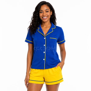 Cosh International Sisterhood Sorority Blue Yellow Short Sleeve Pajama <b>Set</b> With Button Front And Custom Logo Placement - Product Image 3