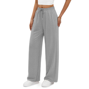 Pantalon cargo gris en molleton à jambe large pour femme, taille haute élastique, fermeture éclair, coupe droite, longueur intégrale, couleur unie, décontracté, pour le travail - Product Image 3