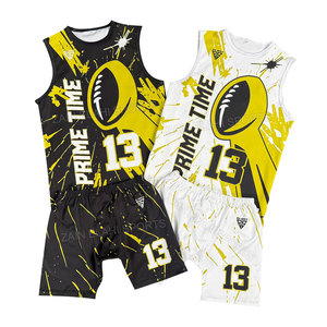 Conjunto de Uniformes Personalizados para Fútbol Americano 7v7 con Estampado de Salpicaduras Amarillo, Negro y Blanco, con Sudadera con Capucha y Mochila - Product Image 1
