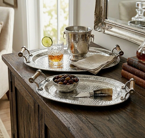 Hammered Oval Shaped Silver Tray Wooden Handle Dining <b>Table</b> Food Serving Silver Tray Decorative <b>Copper</b> Tray - Product Image 6