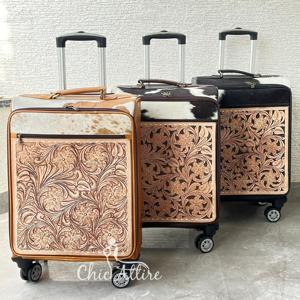 Ready To Ship Hand Tooled Genuine Cowhide Leather Trolley Bag New Durable Carry-on Antitheft Zipper Closure Travel Suitcase Bags - Product Image 1