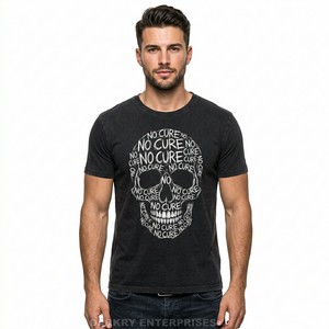 Custom Mens Black Graphic Tee <b>No</b> Cure Text Skull Print Vintage Wash Streetwear T Shirt High Quality Cotton Apparel Manufacturer - Product Image 1