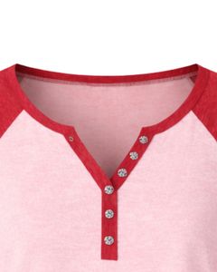 T-shirt personnalisé pour femme, rose clair et rouge, à manches courtes, col Henley, haut à manches raglan, en coton doux, coupe décontractée, tee-shirt d'été respirant - Product Image 5