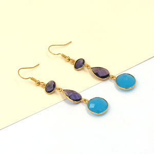 Pendientes Colgantes de Amatista Púrpura y Calcedonia Azul |   Juego de Bisutería Bohemia Hecha a Mano para Boda, Chapado en Oro de 18K sobre Latón - Product Image 3