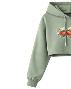 Ensemble crop top et short vert sauge pour femme, broderie fraise, tenue deux pièces en molleton de coton, vêtements de détente, fabricant en gros - Product Image 3