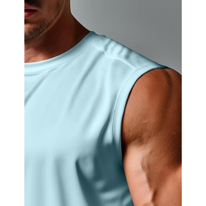 Camiseta sin mangas para hombre, azul claro, cuello redondo, de secado rápido, informal, para gimnasio, entrenamiento, color sólido, tejido de poliéster, chaleco muscular - Product Image 5