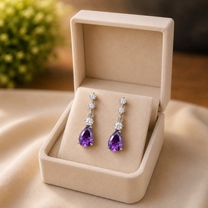 Boucles d'oreilles pendantes en argent sterling 925 avec pierre précieuse en forme de poire violette et moissanite ronde en forme de goutte d'eau pour mariage et soirée - Product Image 5