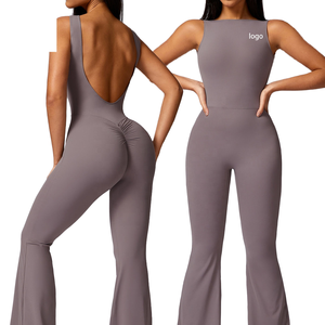 Combinaison pour femme dos nu, col carré, taille haute, jambes évasées, sans couture, couleur unie, en Spandex et Polyester, 1 pièce, ensemble de yoga longueur intégrale - Product Image 5