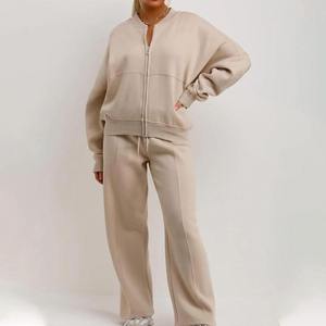 Ensemble de survêtement décontracté deux pièces pour femme : veste zippée à manches longues et pantalon large – Tenue confortable pour la détente (vente en gros) - Product Image 1
